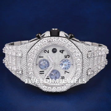 Luxury Iced Out Diamond Chronograph Watch with Blue Subdials Large Bezel Silver Real VVS Diamond Icy Watches Jweldim Jewels