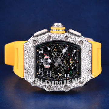 Most Expensive Luxury Brands Watches Black Skeleton Dial with Silver Iced Out VVS Diamond Bezel Yellow Rubber Strap Custom Watch for Unisex Jweldim Jewels