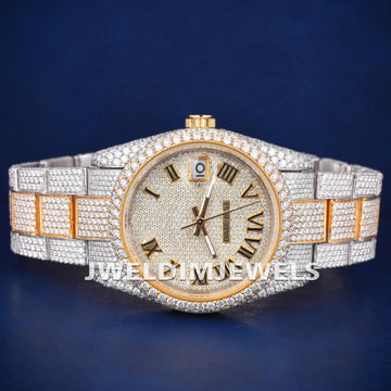 Two Tone Mens Bust Down Watch Silver Yellow Custom Roman Dial Full Iced Out Moissanite Watches Mens Jweldim Jewels