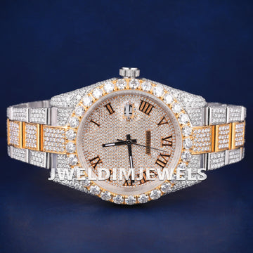 Custom Iced Out Presidential Watch Two Tone Silver Yellow Roman Numerals VVS Diamond Watches Jweldim Jewels