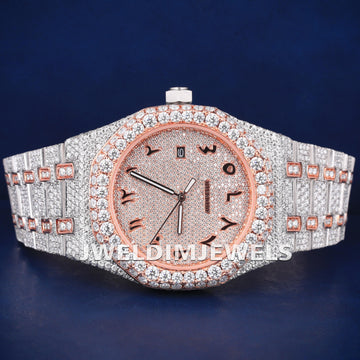 Two Tone Silver Rose Arabic Dial HipHop Diamond Watch in Fully Custom Iced Out Expensive Diamond Watches Jweldim Jewels