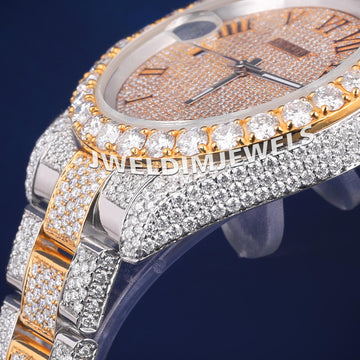 Custom Iced Out Presidential Watch Two Tone Silver Yellow Roman Numerals VVS Diamond Watches Jweldim Jewels