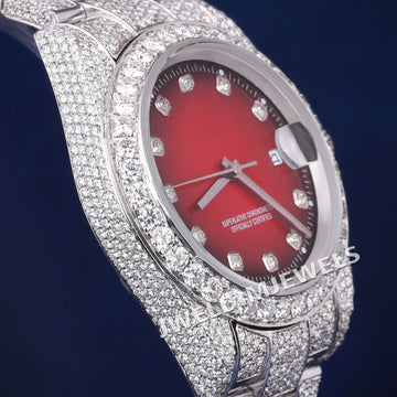 Mens & Womens Luxury Style Dark Red Dial Watch with VVS Clarity Round Moissanite Diamond Jubilee Bracelet New Custom Design Watches Jweldim Jewels