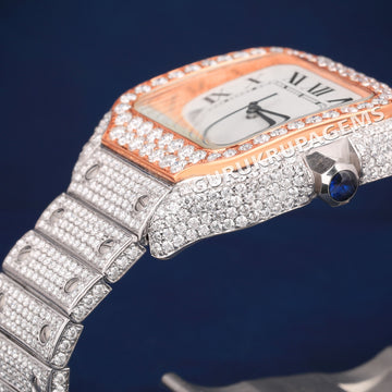 Two Tone Rose & Silver Fully Iced Out Diamond Watch with Roman Dial VVS Clarity Jweldim Jewels