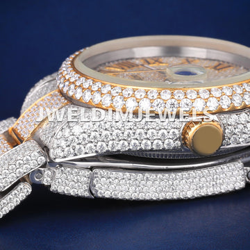 Two Tone Mens Bust Down Watch Silver Yellow Custom Roman Dial Full Iced Out Moissanite Watches Mens Jweldim Jewels